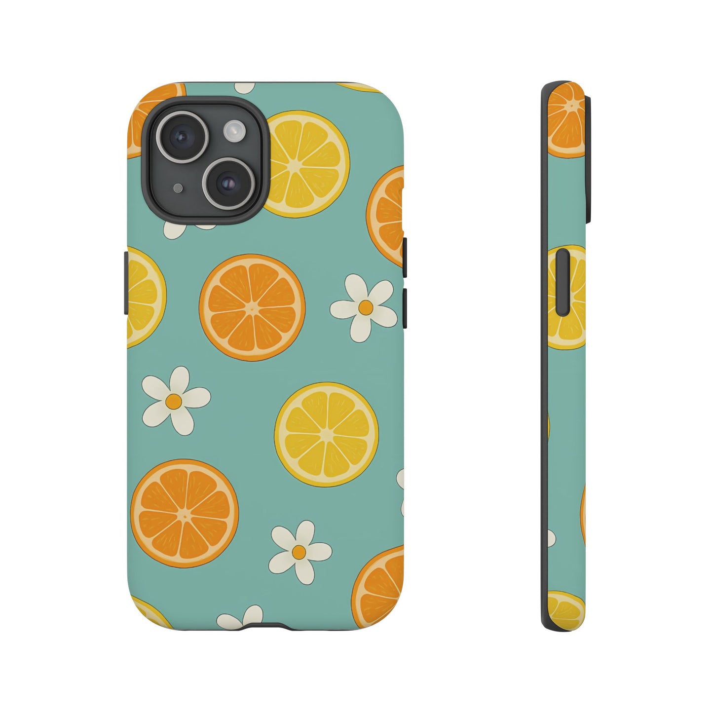 Citrus Bloom Phone Case – Orange, Lemon & Daisy Pattern on Teal