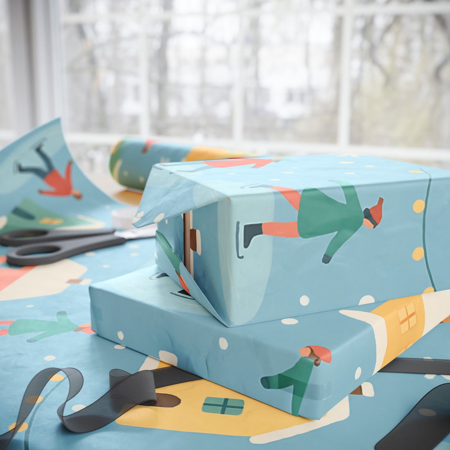 Pastel Winter Village Wrapping Paper with Ice Skaters – Holiday Gift Wrap in Matte or Glossy