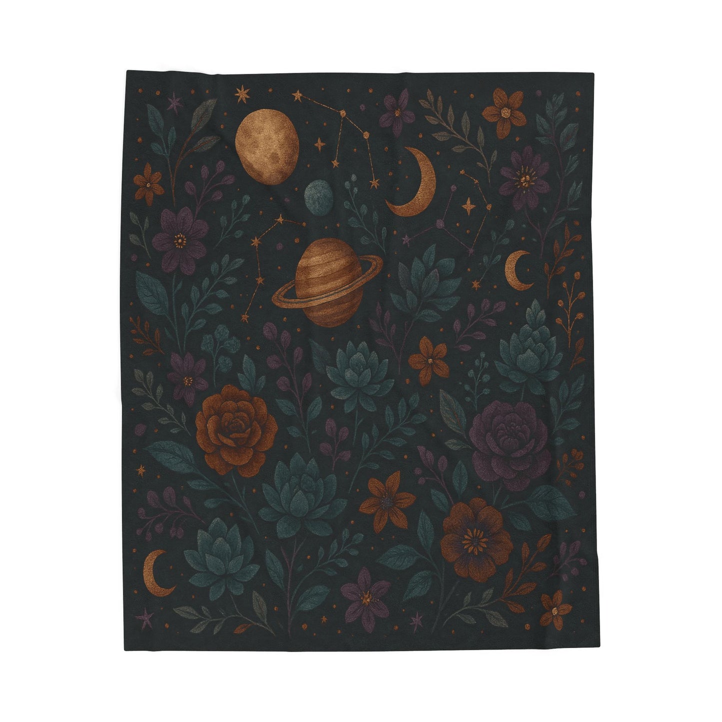 Celestial Garden Velveteen Plush Blanket – Planets, Flowers & Stars Design