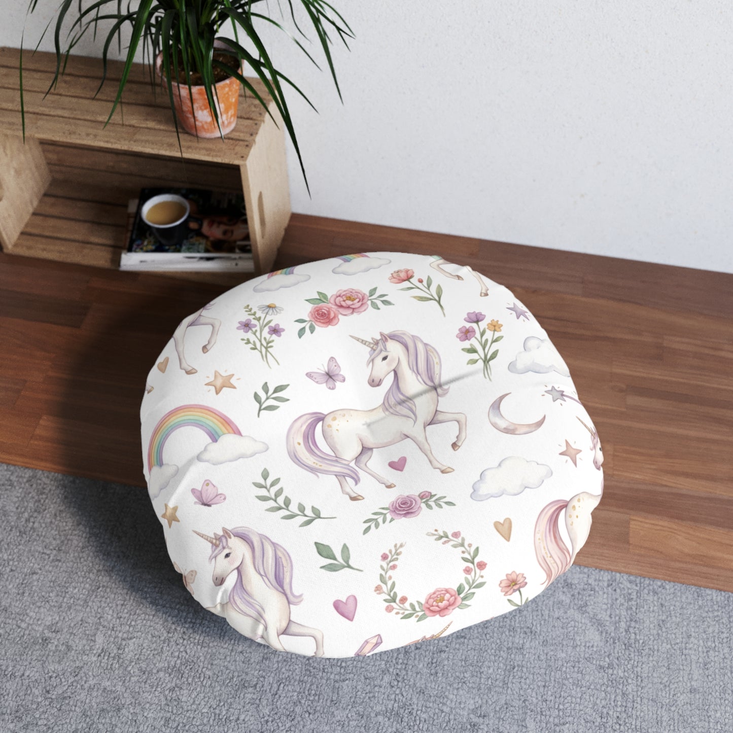 Round Tufted Floor Pillow — Pastel Unicorn & Rainbow Kids Cushion