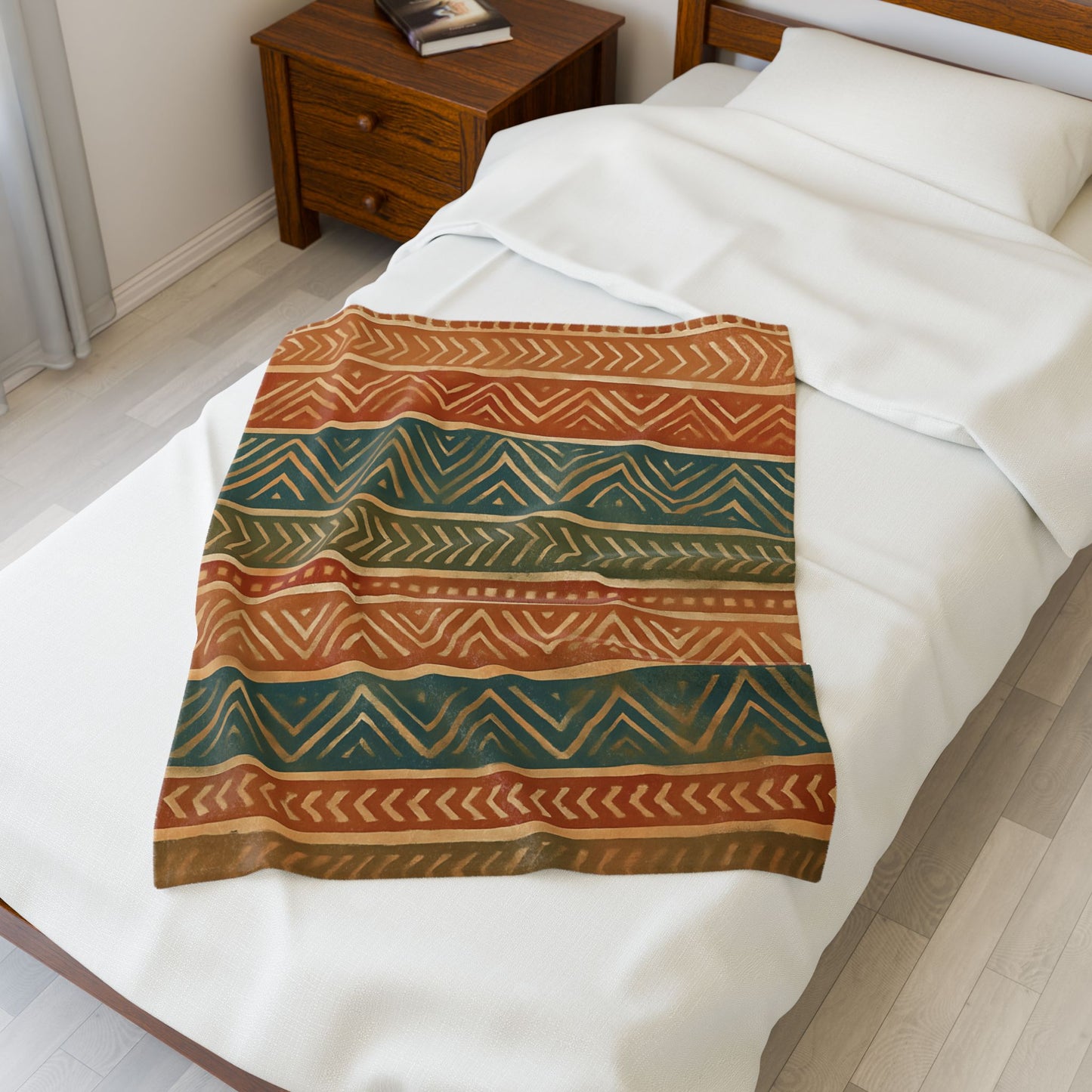 Tribal Aztec Velveteen Plush Blanket - Soft Boho Throw with Earth Tones and a Vibrant Geometric Print