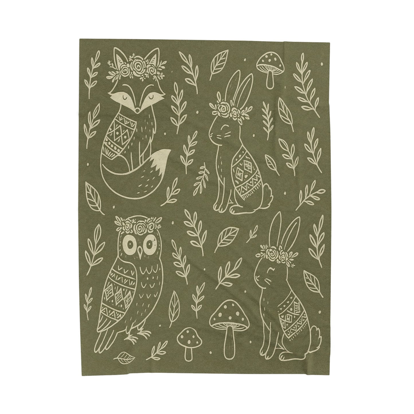 Boho Woodland Animal Velveteen Plush Blanket – Forest Green