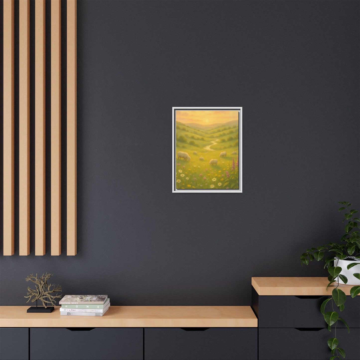 Golden Meadow Sunrise – Framed Matte Canvas Pastoral Landscape Art