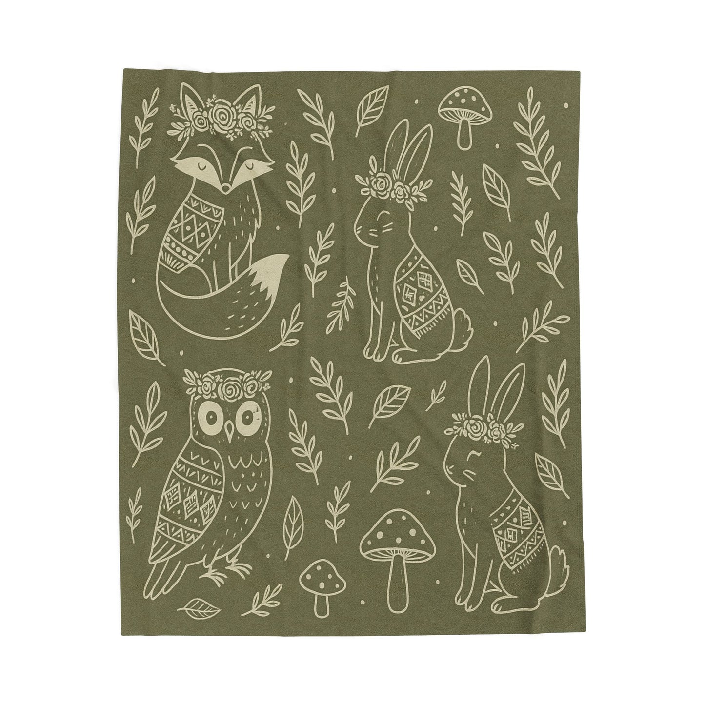 Boho Woodland Animal Velveteen Plush Blanket – Forest Green