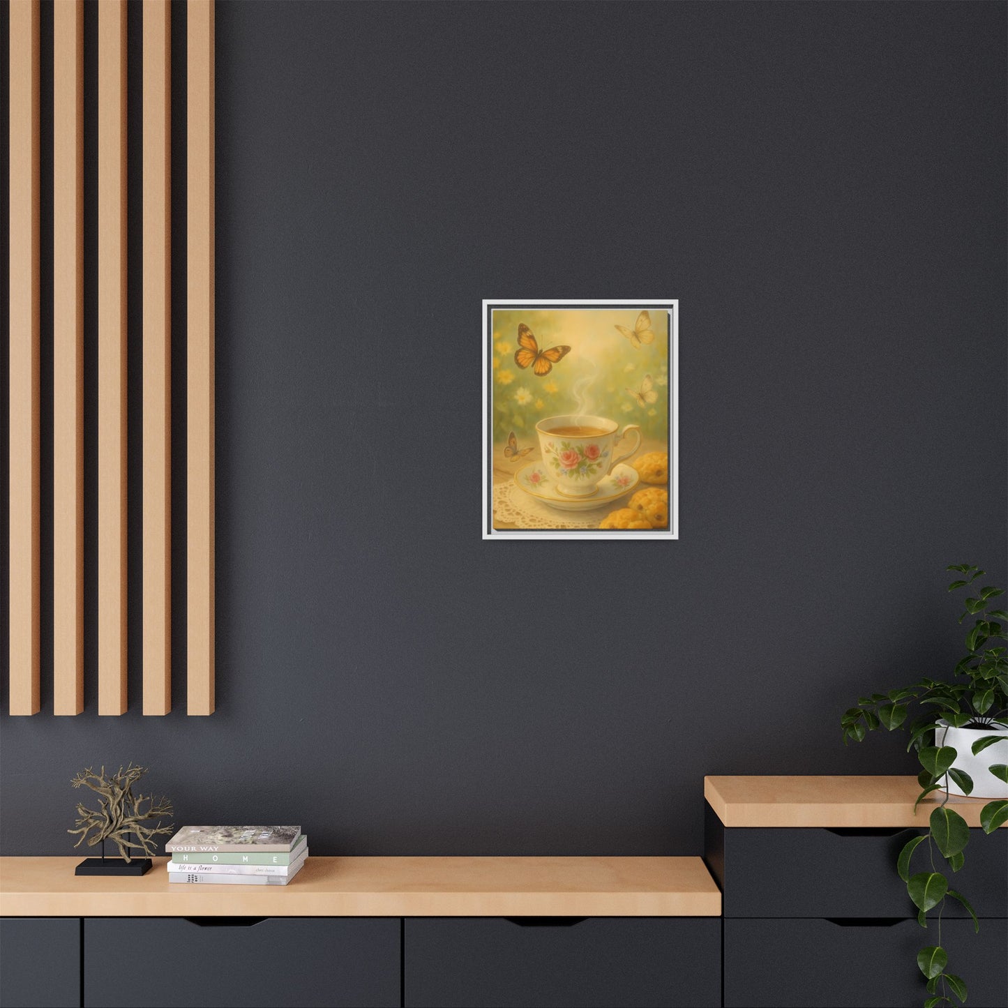 Tea & Butterflies – Framed Matte Canvas of Vintage Teacup and Garden Scene