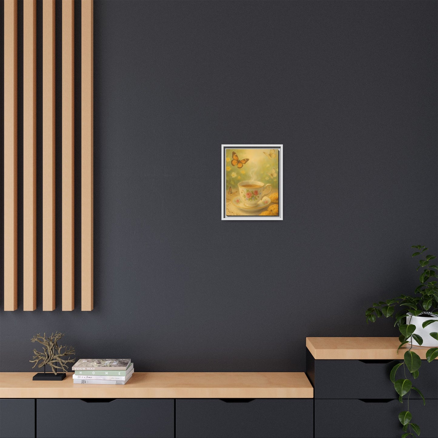 Tea & Butterflies – Framed Matte Canvas of Vintage Teacup and Garden Scene