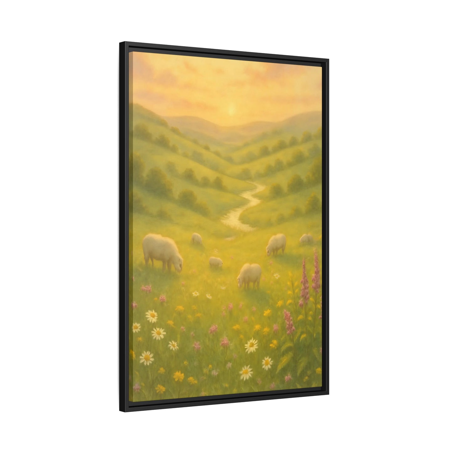 Golden Meadow Sunrise – Framed Matte Canvas Pastoral Landscape Art