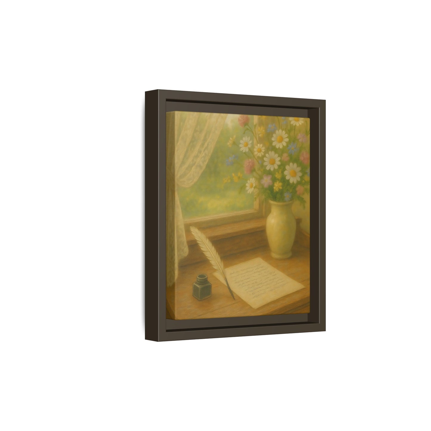 Sunlit Writing Desk – Framed Matte Canvas Art of Quill, Flowers & Lace Window