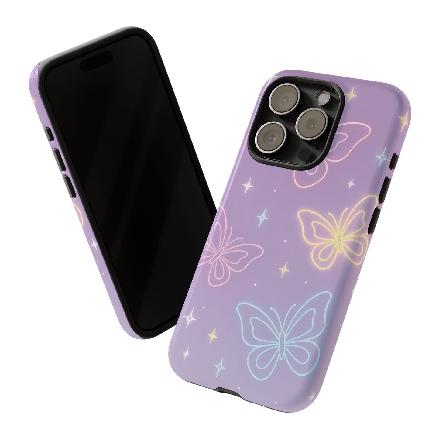 Pastel Butterfly Dream Phone Case – Purple Neon Glow with Stars