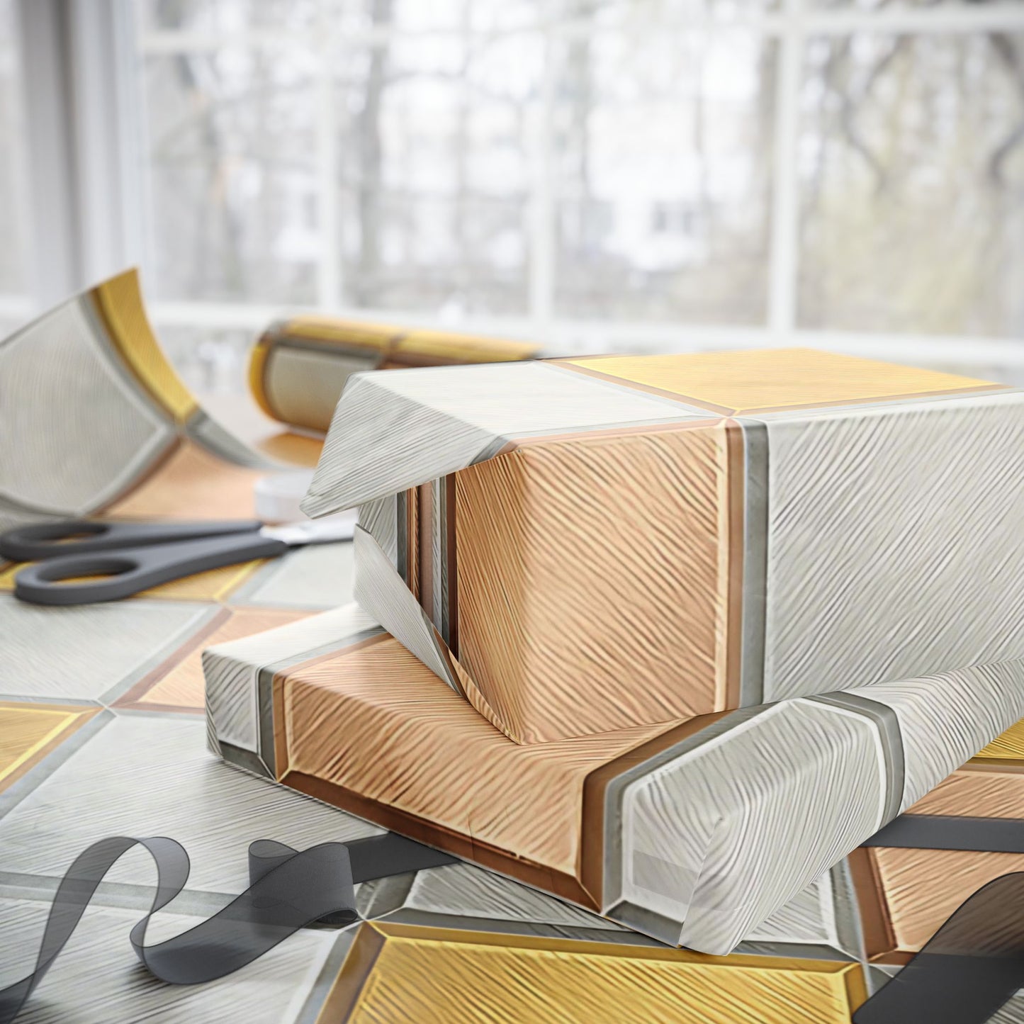 Geometric Metallic Tile Wrapping Paper – Modern Luxury Gift Wrap in Glossy or Matte Finish