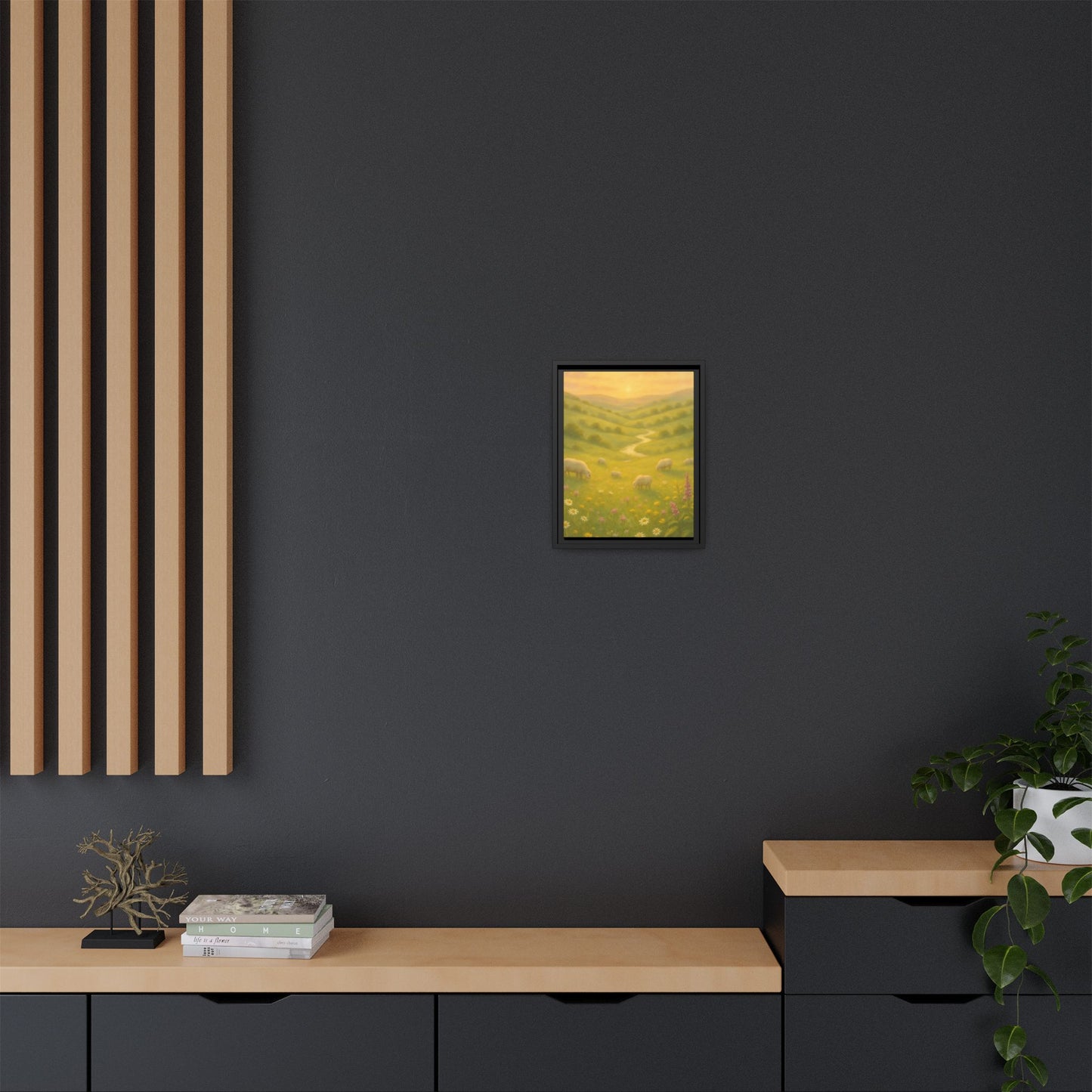Golden Meadow Sunrise – Framed Matte Canvas Pastoral Landscape Art