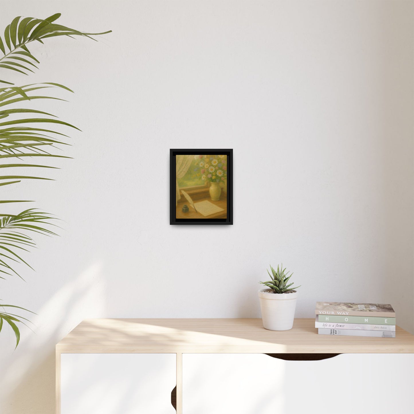 Sunlit Writing Desk – Framed Matte Canvas Art of Quill, Flowers & Lace Window