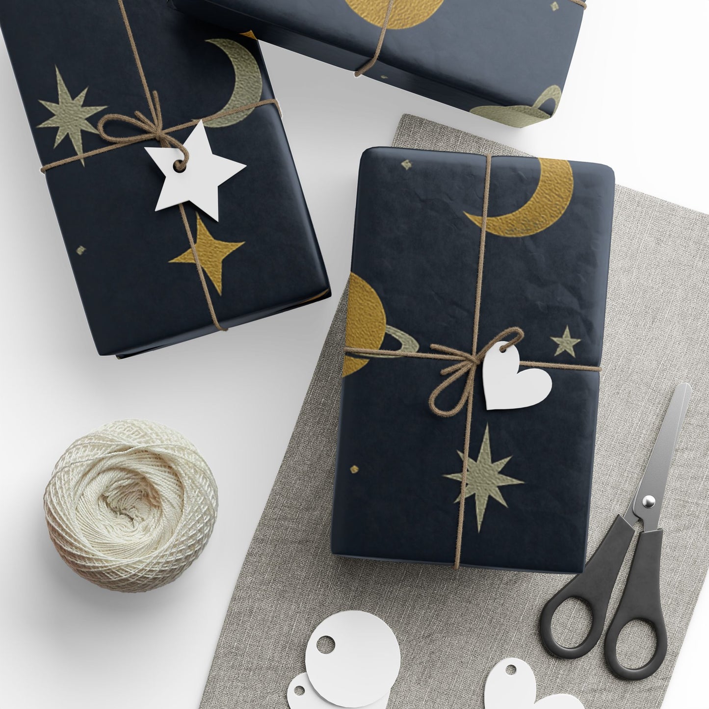 Celestial Night Sky Wrapping Paper – Moons, Stars & Planets on Midnight Blue