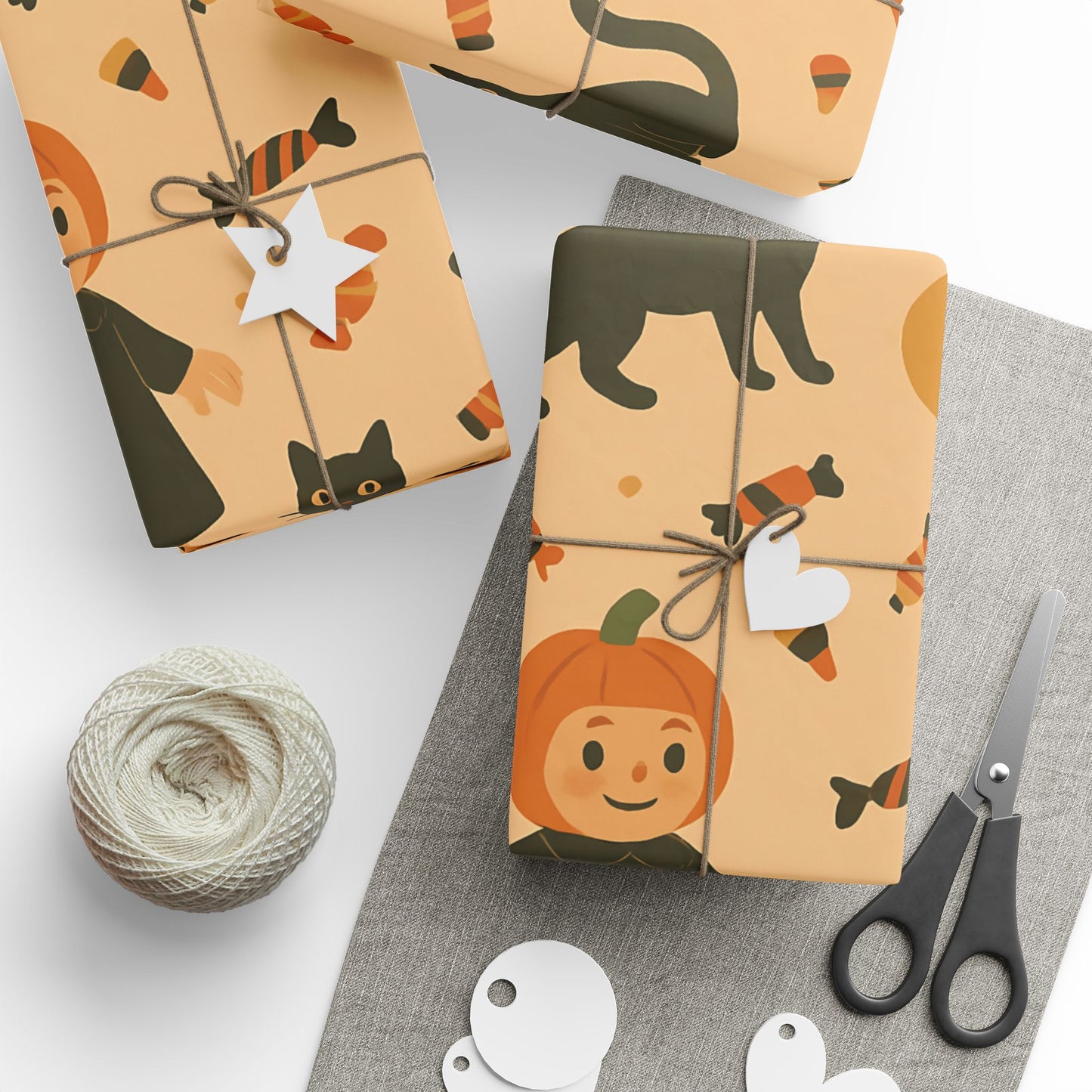Vintage Halloween Wrapping Paper – Cute Ghosts, Witches, and Black Cats on Parchment Background