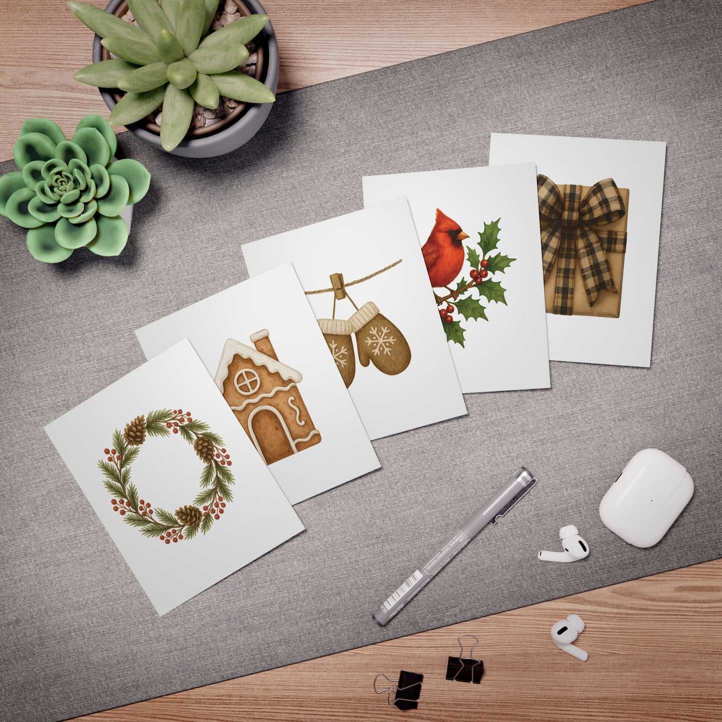 Rustic Winter Christmas Greeting Card Set – 5 Blank Holiday Cards with Envelopes