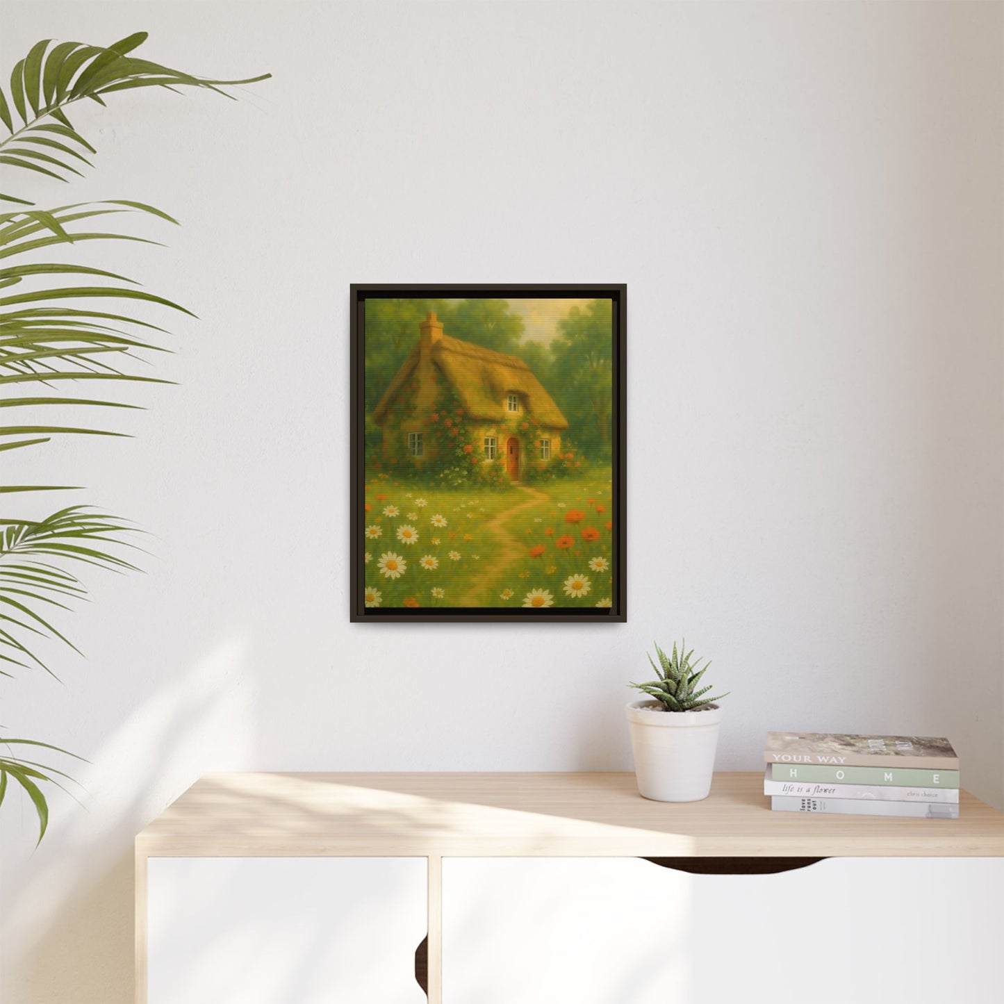 Cottage in Bloom – Framed Matte Canvas Art of Thatched Cottage & Wildflowers