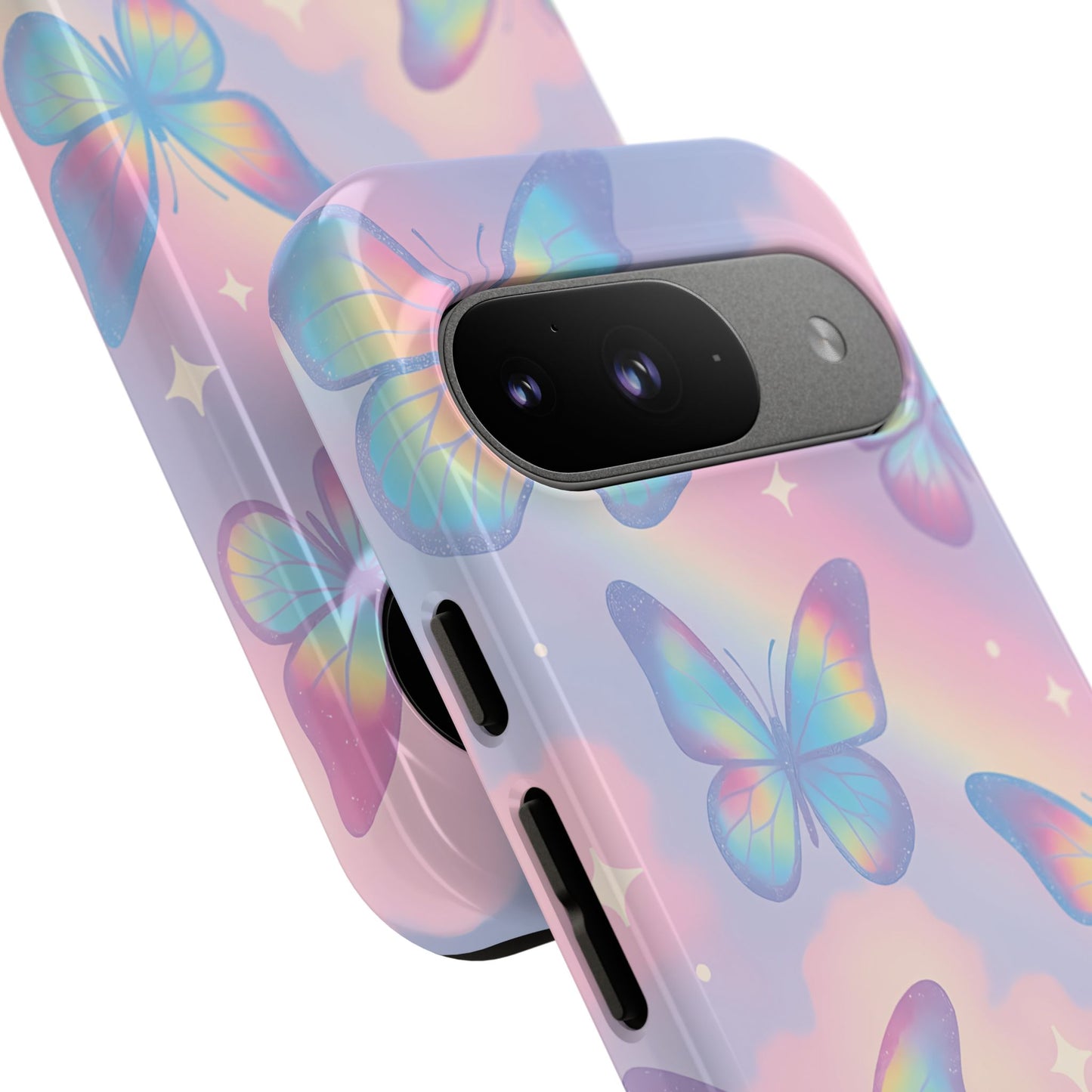 Rainbow Pastel Butterfly Phone Case – Dreamy Clouds & Iridescent Glow
