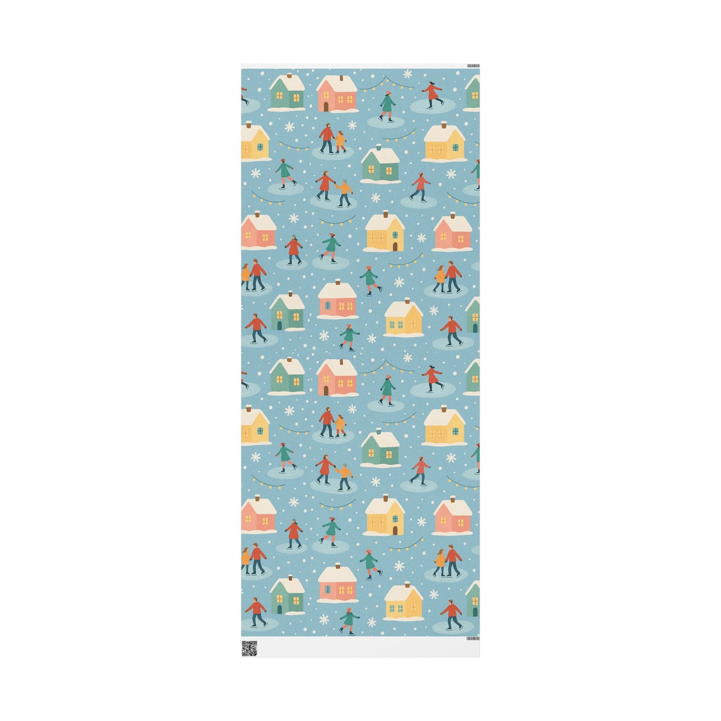 Pastel Winter Village Wrapping Paper with Ice Skaters – Holiday Gift Wrap in Matte or Glossy