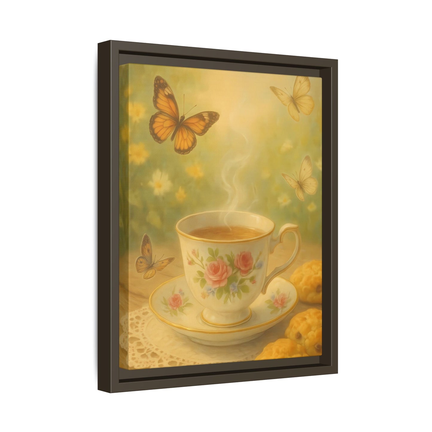 Tea & Butterflies – Framed Matte Canvas of Vintage Teacup and Garden Scene