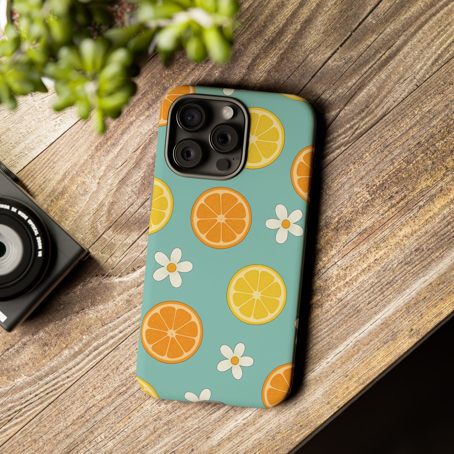 Citrus Bloom Phone Case – Orange, Lemon & Daisy Pattern on Teal