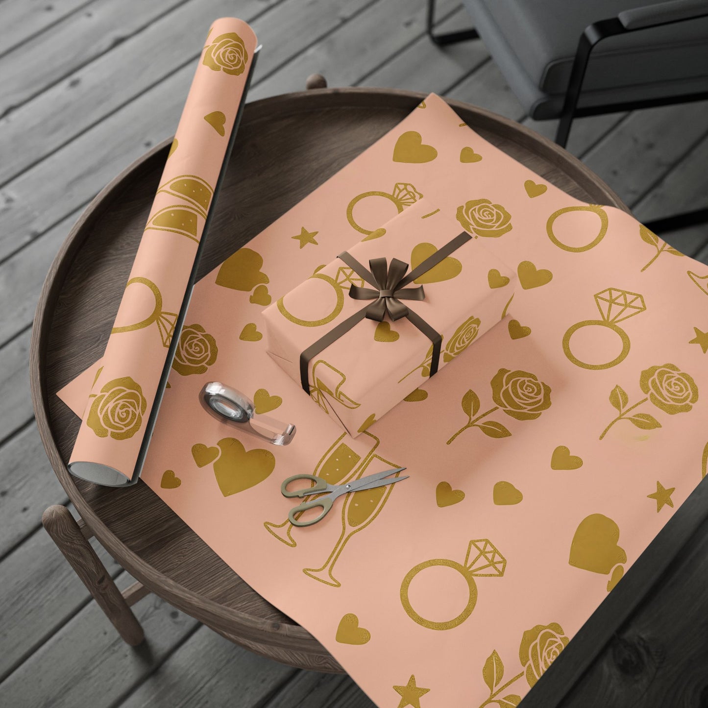 Romantic Celebration Wrapping Paper – Rings, Roses & Champagne on Blush Pink