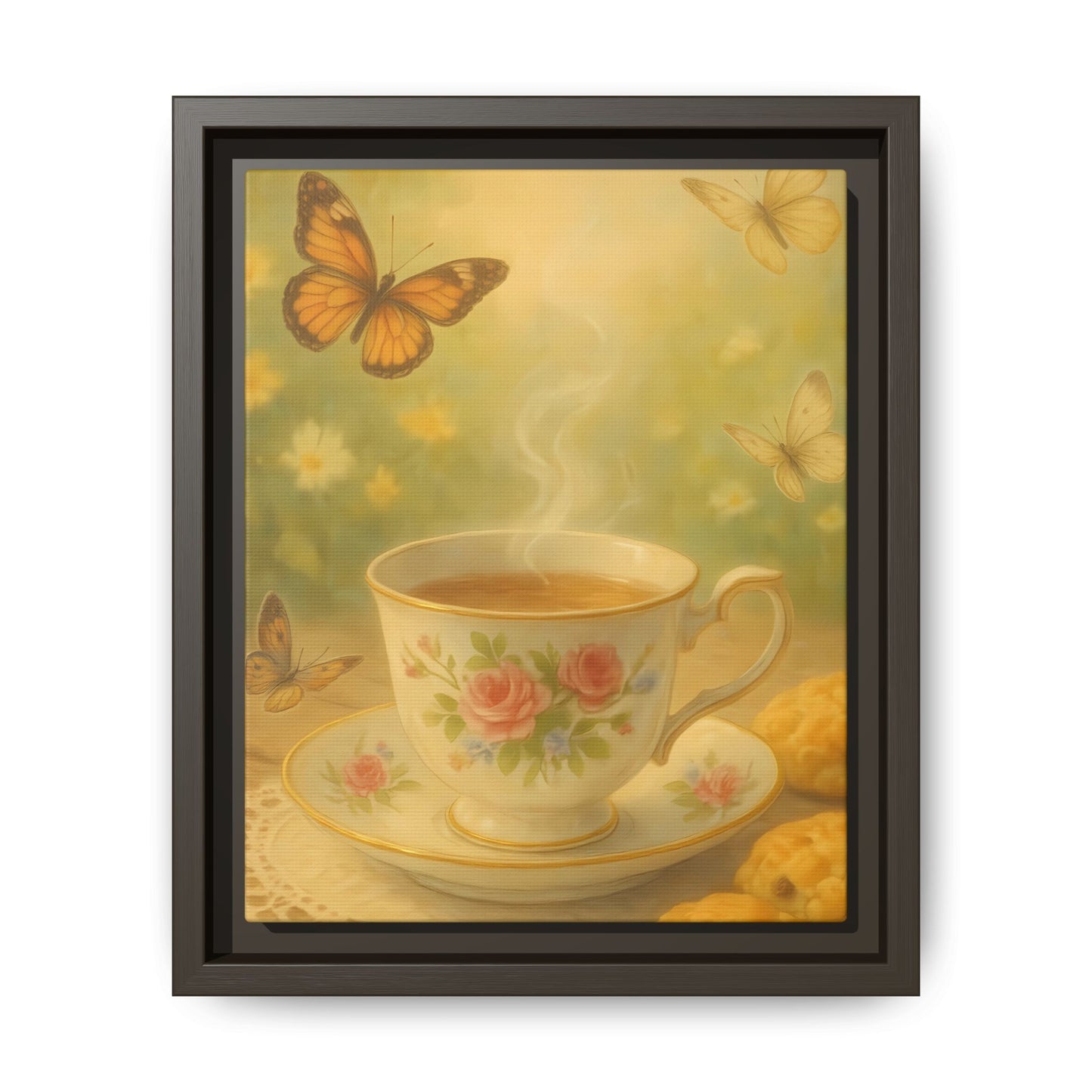Tea & Butterflies – Framed Matte Canvas of Vintage Teacup and Garden Scene