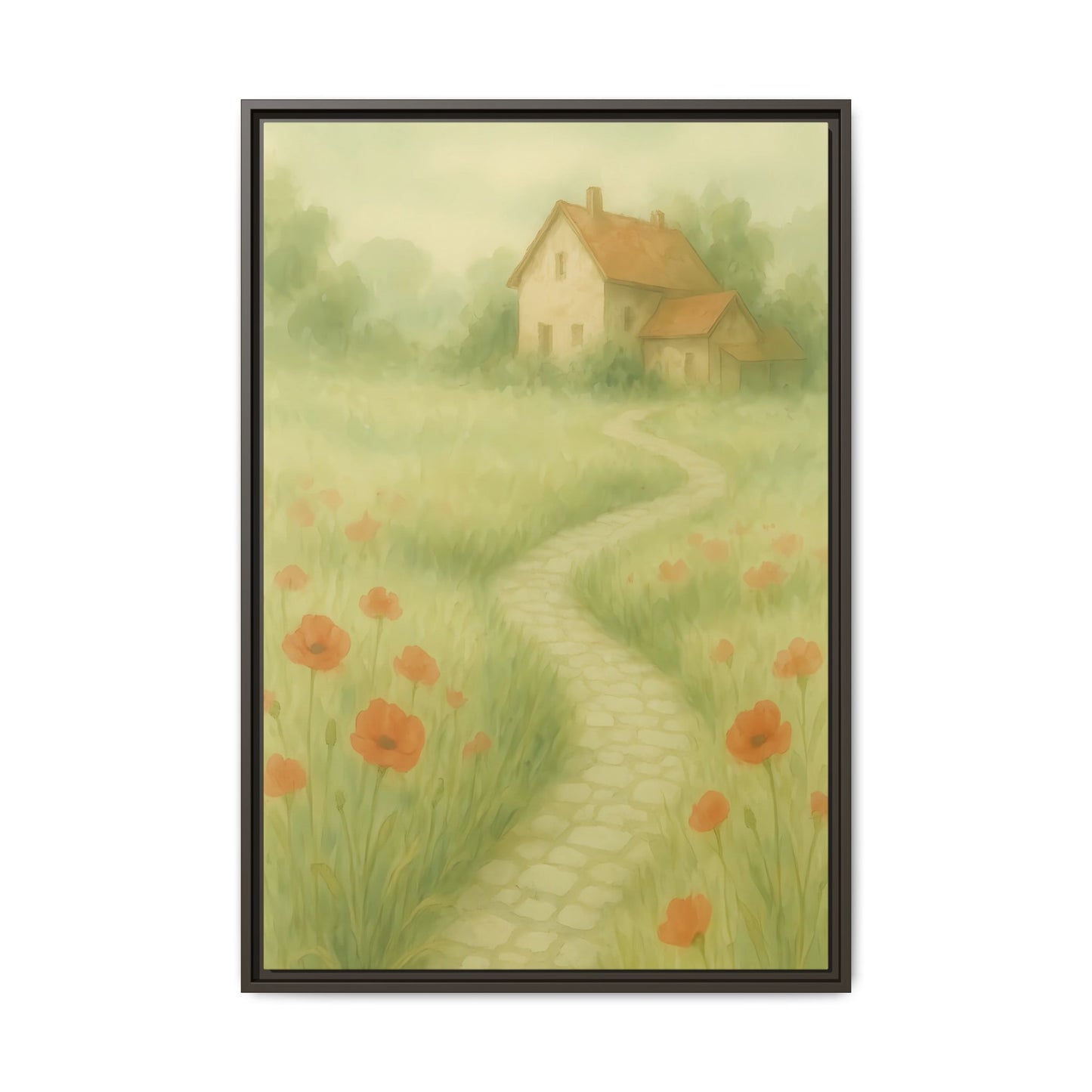 Poppy Path to Home – Framed Matte Canvas of Cottage & Flower Field Landscape