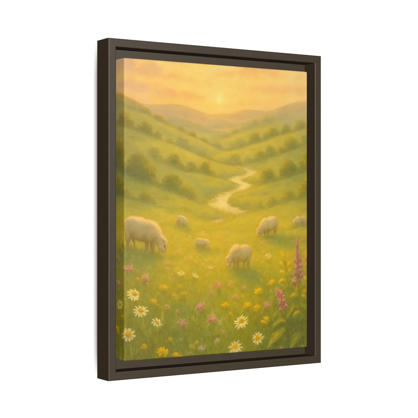 Golden Meadow Sunrise – Framed Matte Canvas Pastoral Landscape Art