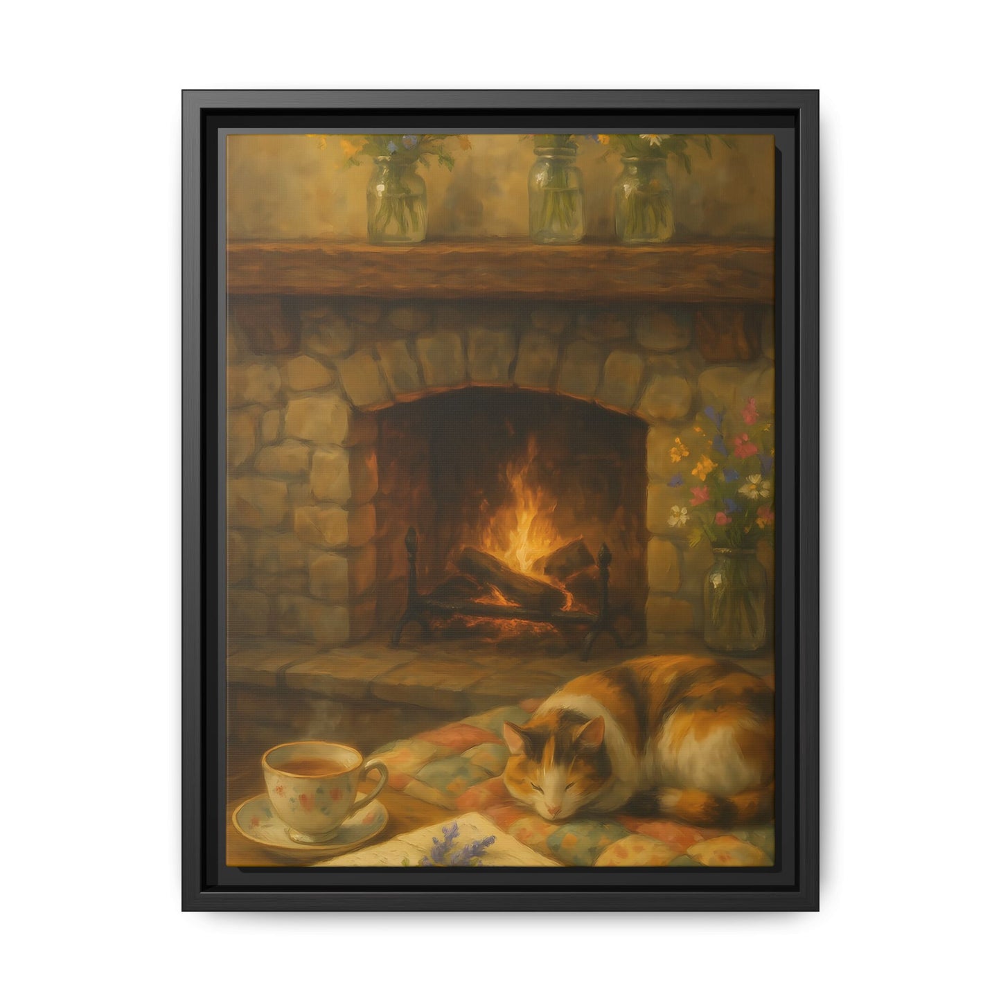 Hearthside Comfort – Framed Matte Canvas with Cat, Fireplace & Tea
