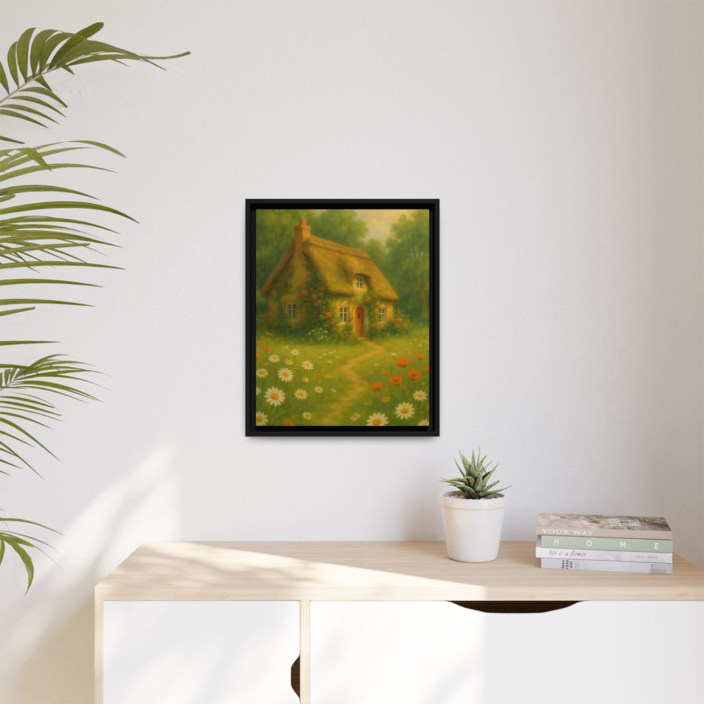 Cottage in Bloom – Framed Matte Canvas Art of Thatched Cottage & Wildflowers