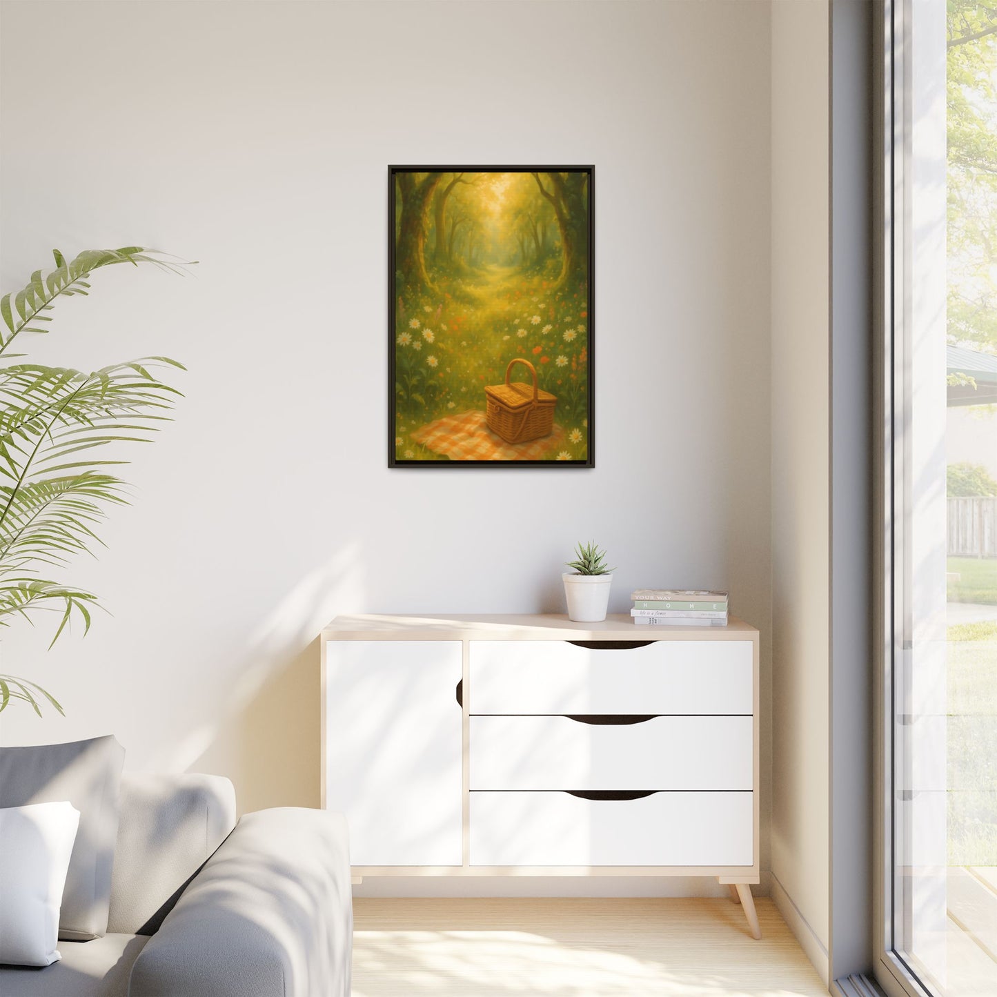 Golden Meadow Picnic Path – Framed Matte Canvas Wall Art