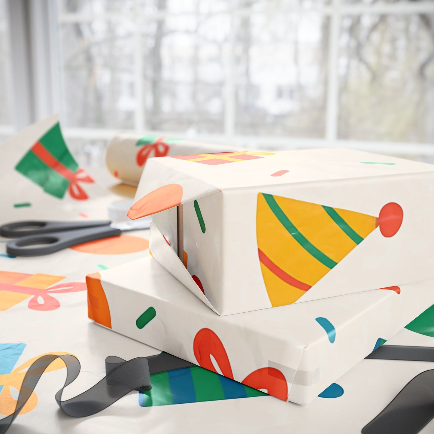 Colorful Birthday Party Wrapping Paper – Balloons, Gifts & Confetti on Cream Background