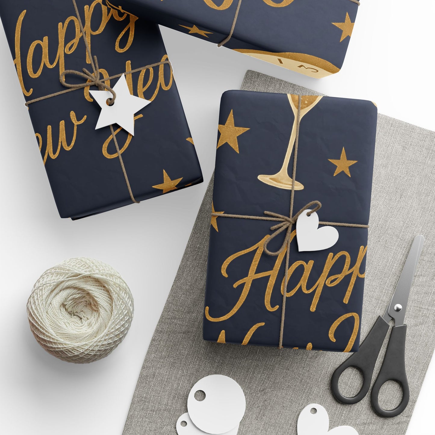 Midnight Celebration New Year Wrapping Paper – Clocks, Champagne & Confetti on Navy