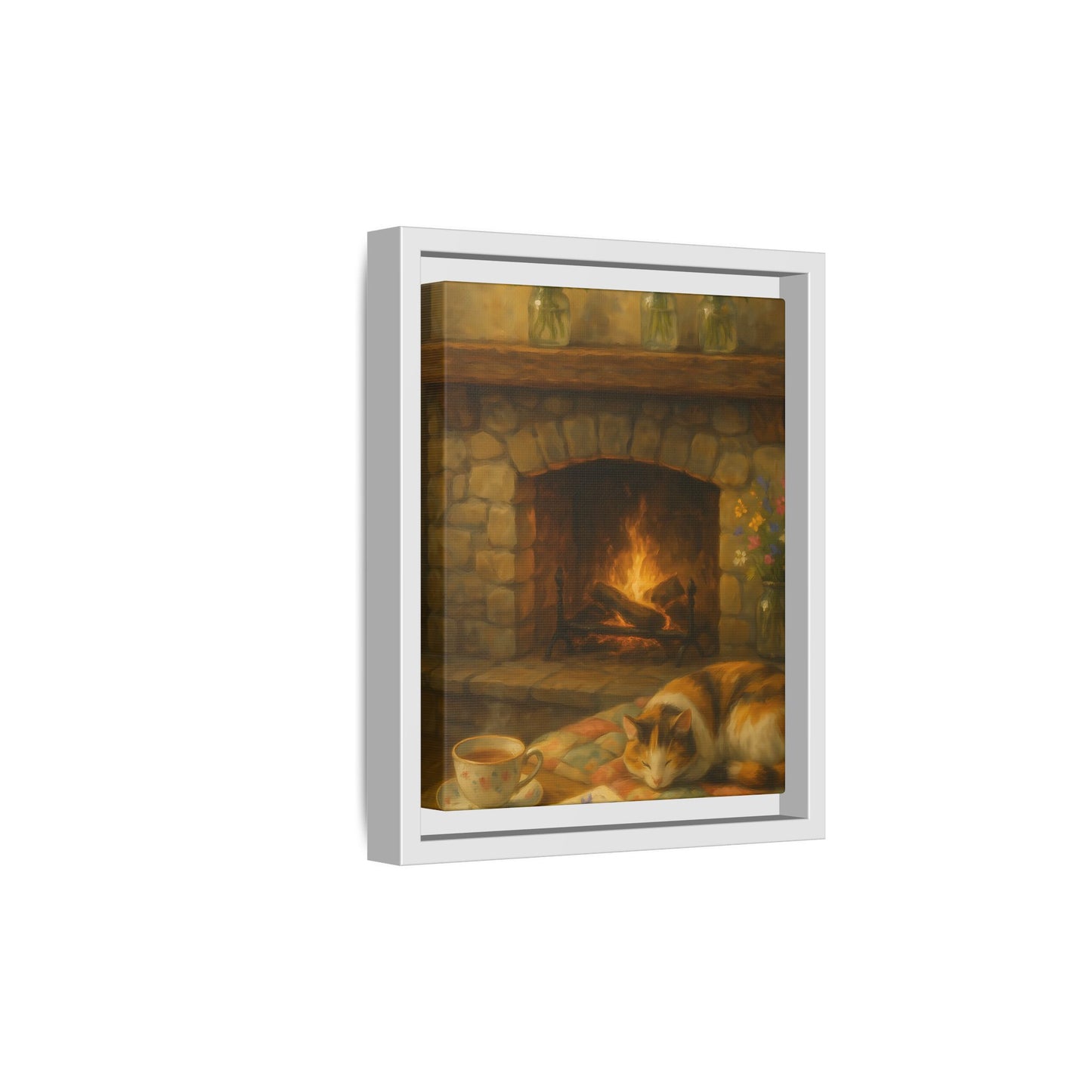 Hearthside Comfort – Framed Matte Canvas with Cat, Fireplace & Tea