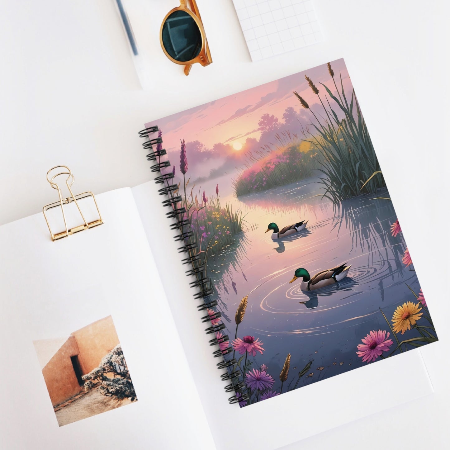 Ducks at Sunrise Spiral Notebook – 6x8 Cottagecore Lined Journal with Document Pocket for Notes and Reflections