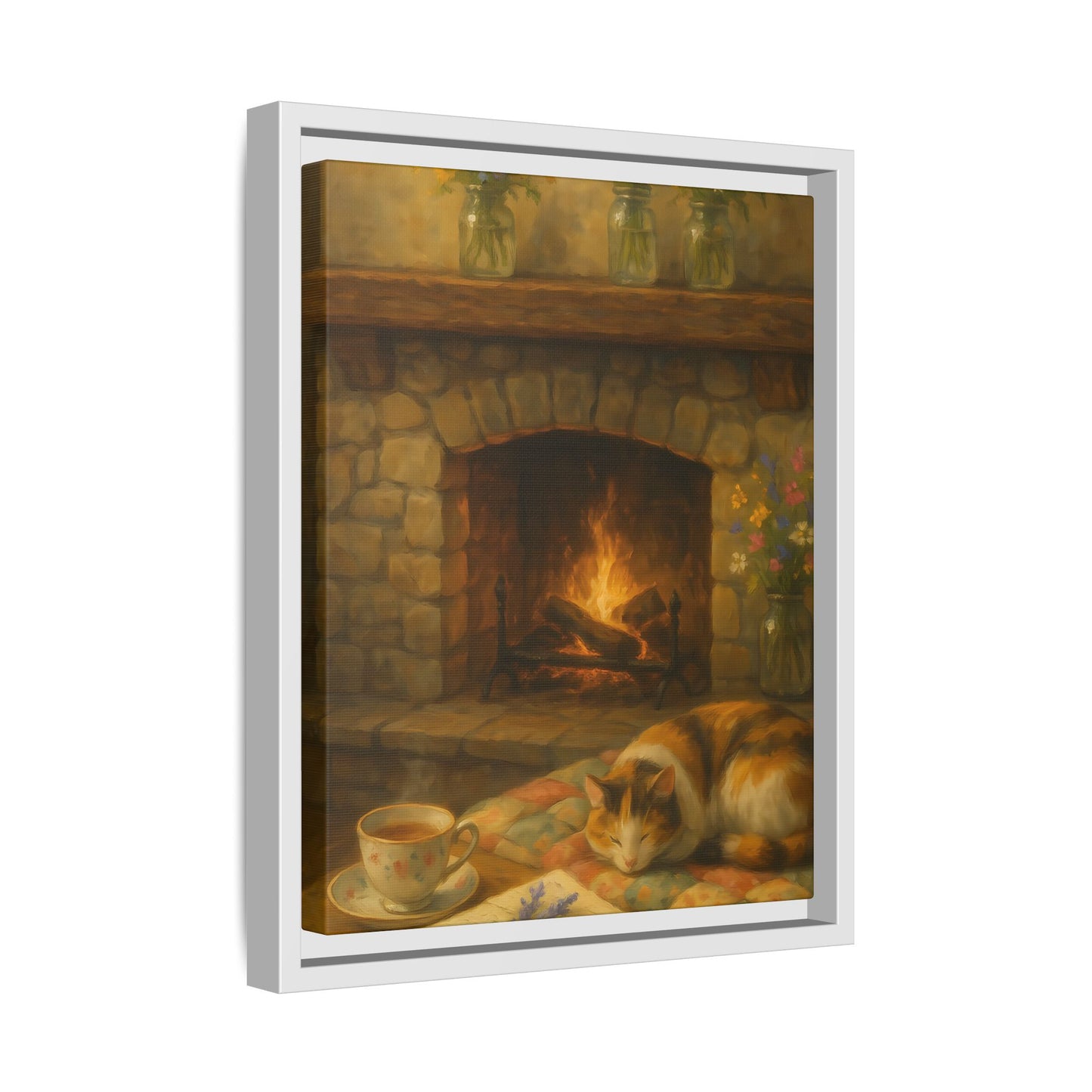 Hearthside Comfort – Framed Matte Canvas with Cat, Fireplace & Tea