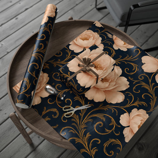 Blush Peony & Gold Scroll Wrapping Paper – Elegant Floral Gift Wrap in Glossy or Matte Finish
