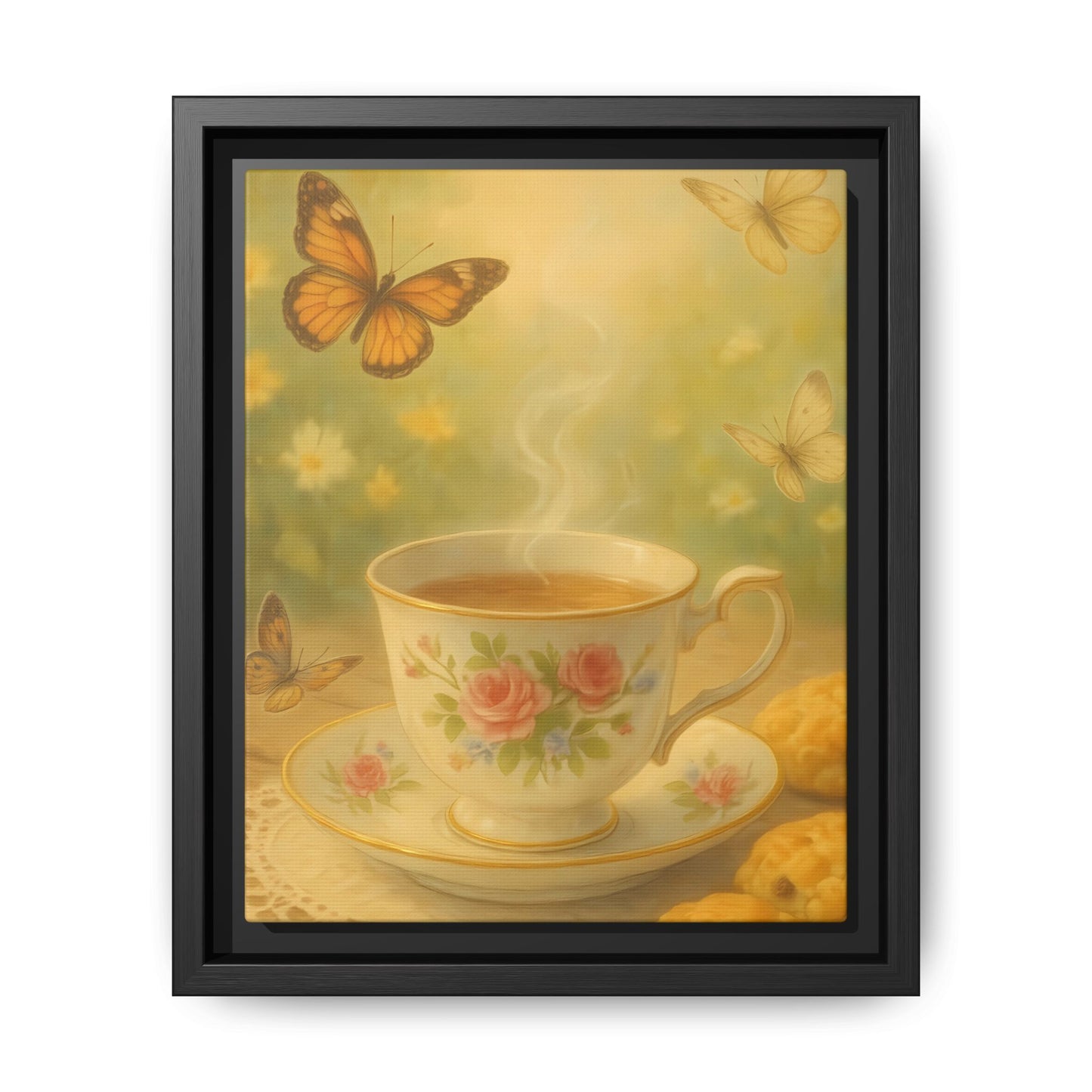 Tea & Butterflies – Framed Matte Canvas of Vintage Teacup and Garden Scene