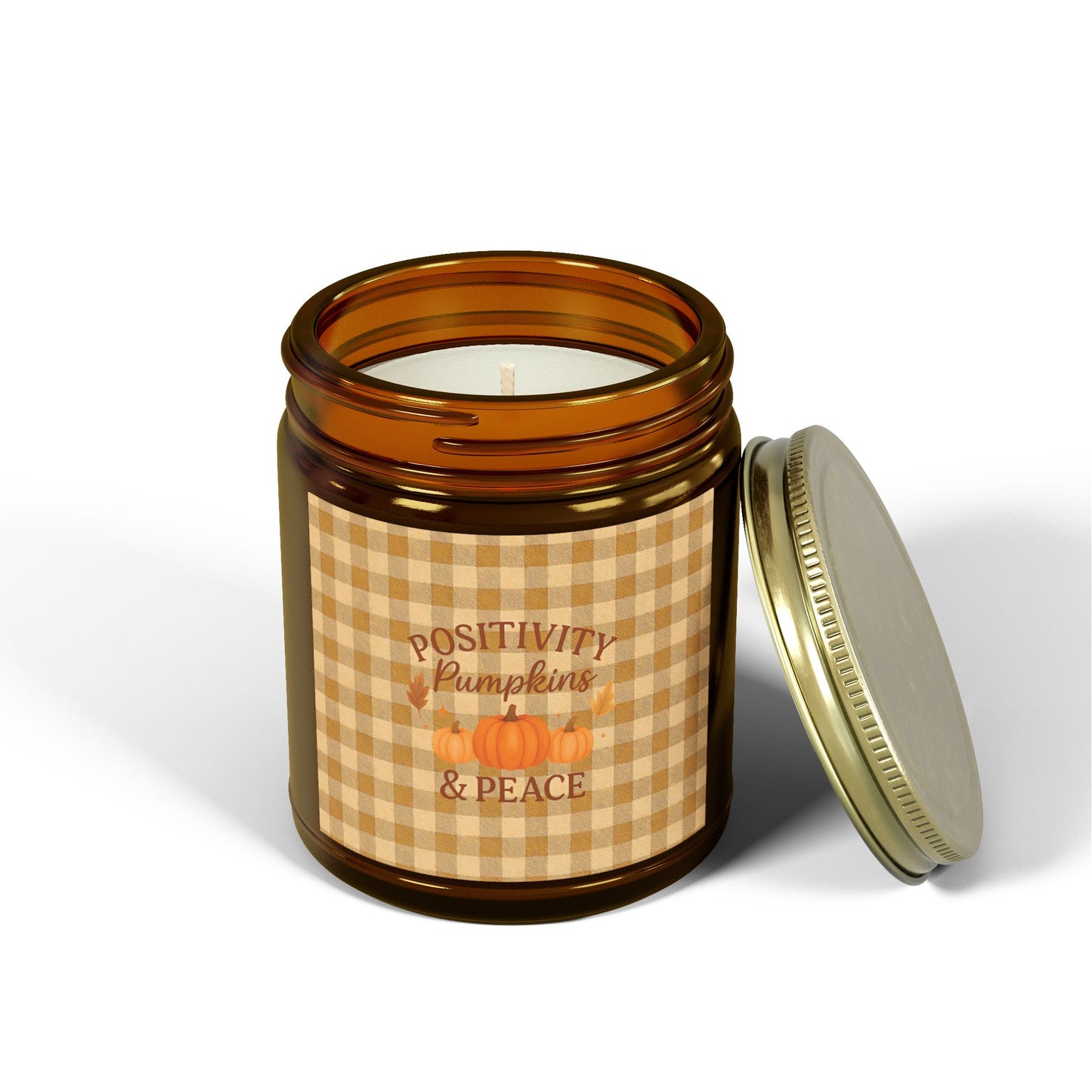 Positivity Pumpkins & Peace Candle - Fall Scented Coconut Apricot Wax Candle in Gingham Jar, Eco-Friendly Autumn Gift, 4oz or 9oz