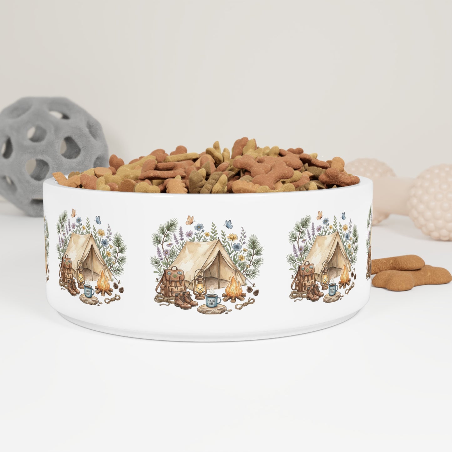 Camping Pet Bowl — Cute Tent & Campfire Design Ceramic Dog Food Bowl