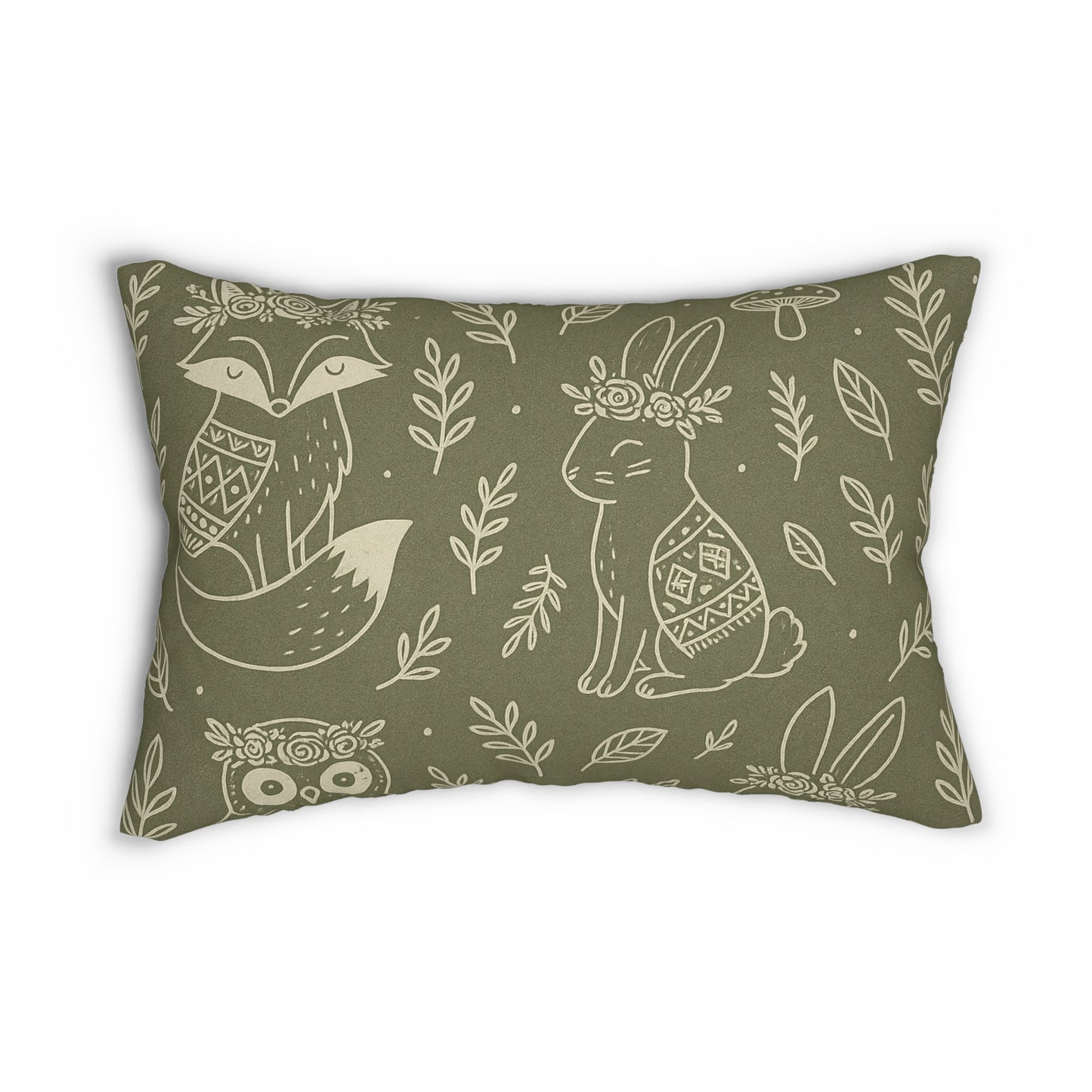 Boho Forest Friends Lumbar Pillow – Fox, Bunny & Owl in Sage Green