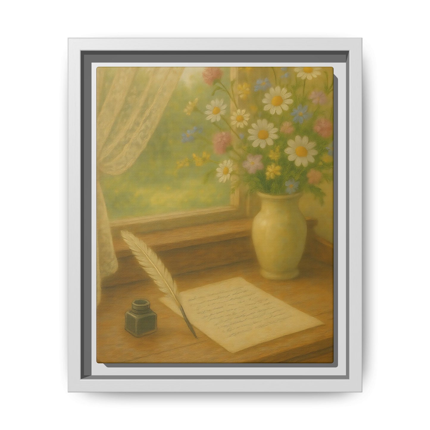 Sunlit Writing Desk – Framed Matte Canvas Art of Quill, Flowers & Lace Window