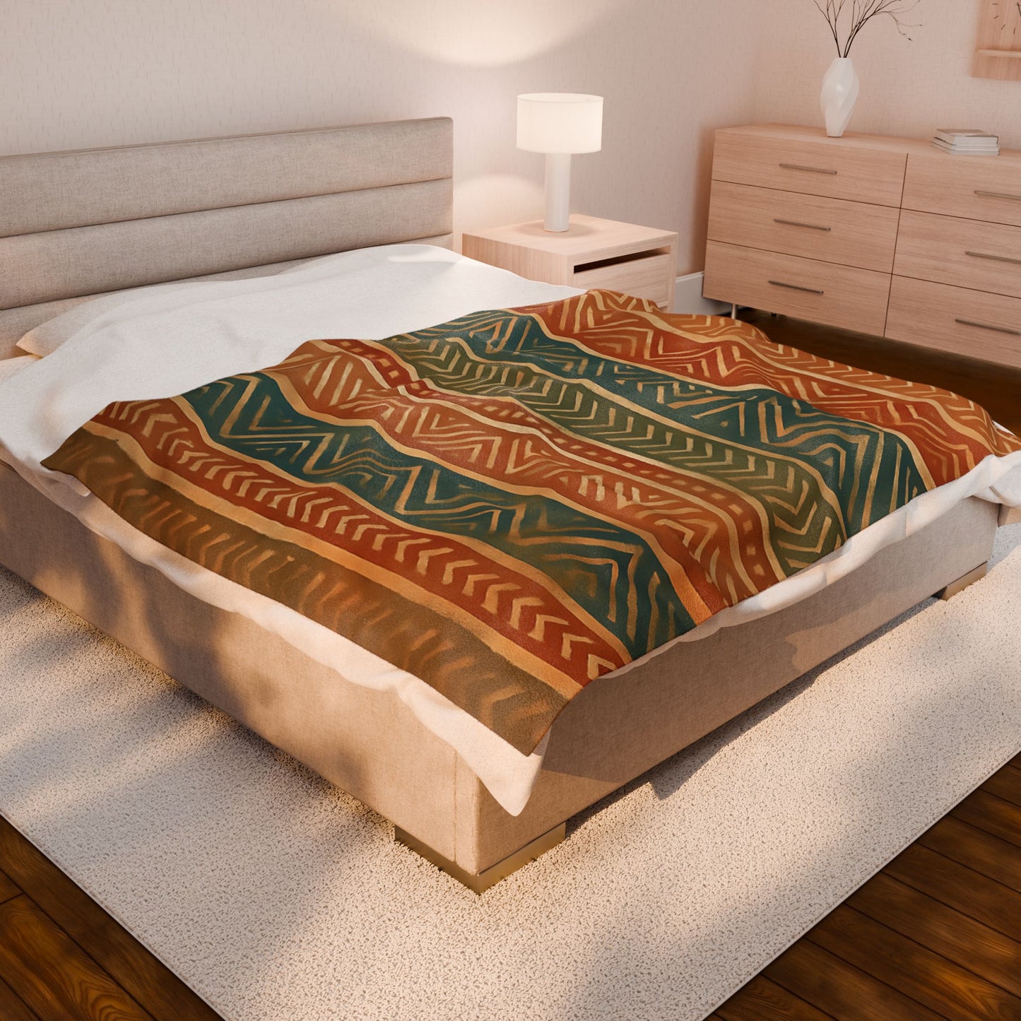 Tribal Aztec Velveteen Plush Blanket - Soft Boho Throw with Earth Tones and a Vibrant Geometric Print