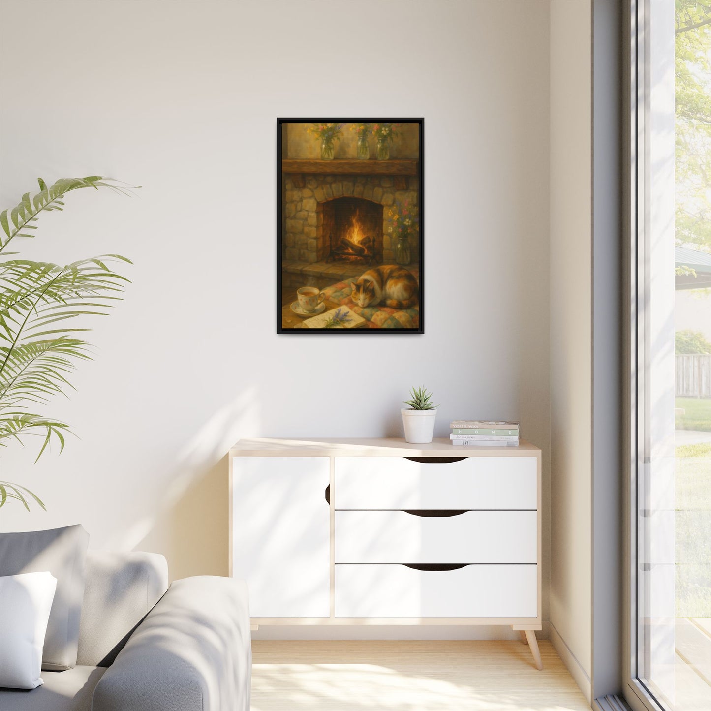 Hearthside Comfort – Framed Matte Canvas with Cat, Fireplace & Tea
