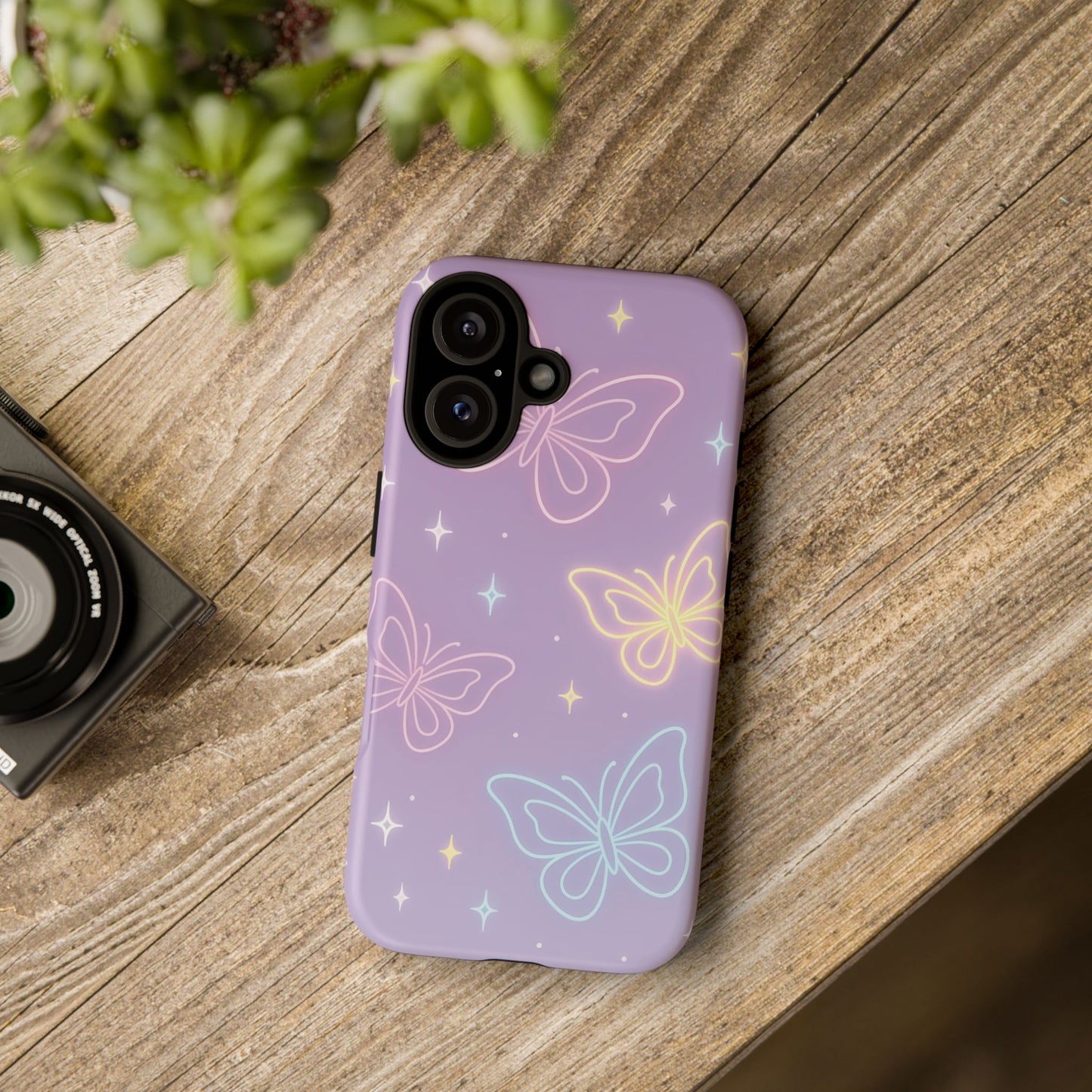 Pastel Butterfly Dream Phone Case – Purple Neon Glow with Stars