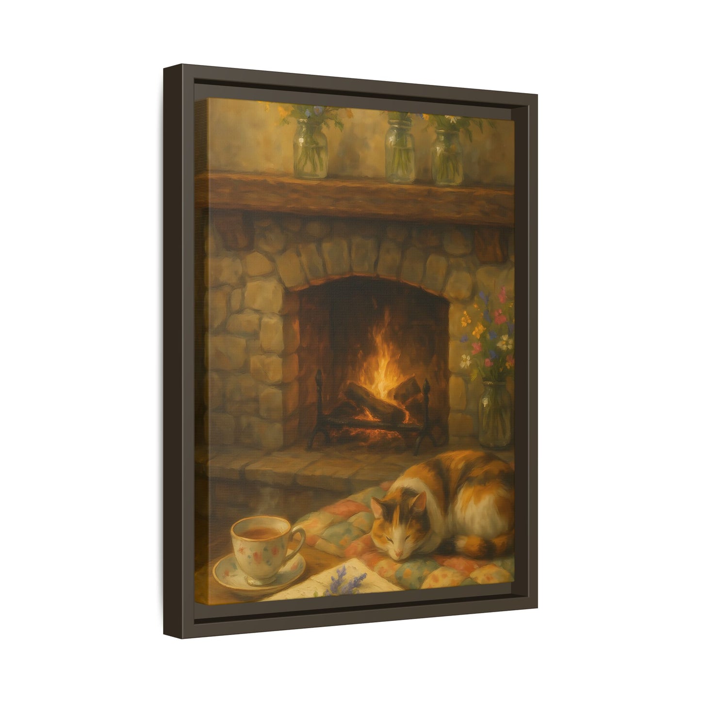 Hearthside Comfort – Framed Matte Canvas with Cat, Fireplace & Tea