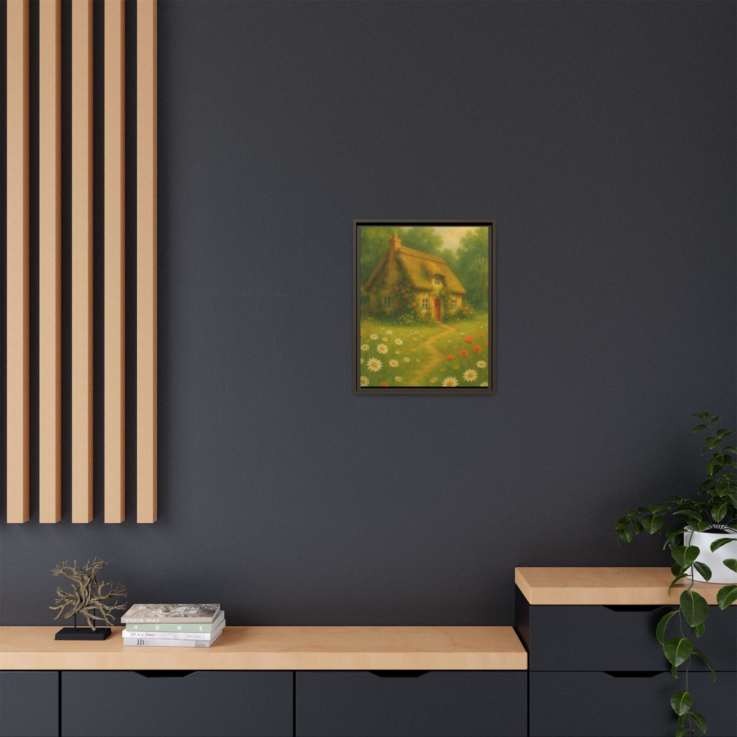 Cottage in Bloom – Framed Matte Canvas Art of Thatched Cottage & Wildflowers
