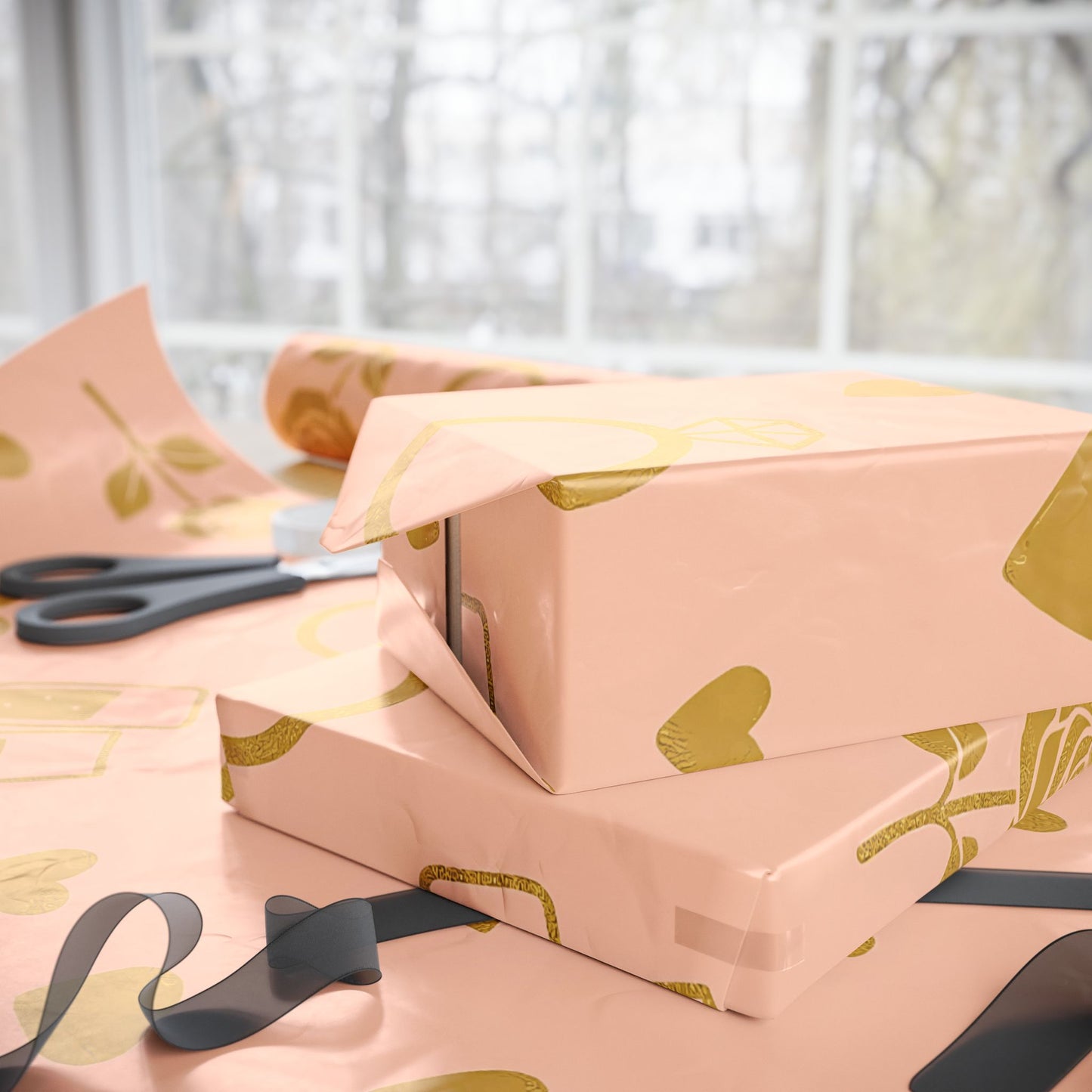 Romantic Celebration Wrapping Paper – Rings, Roses & Champagne on Blush Pink