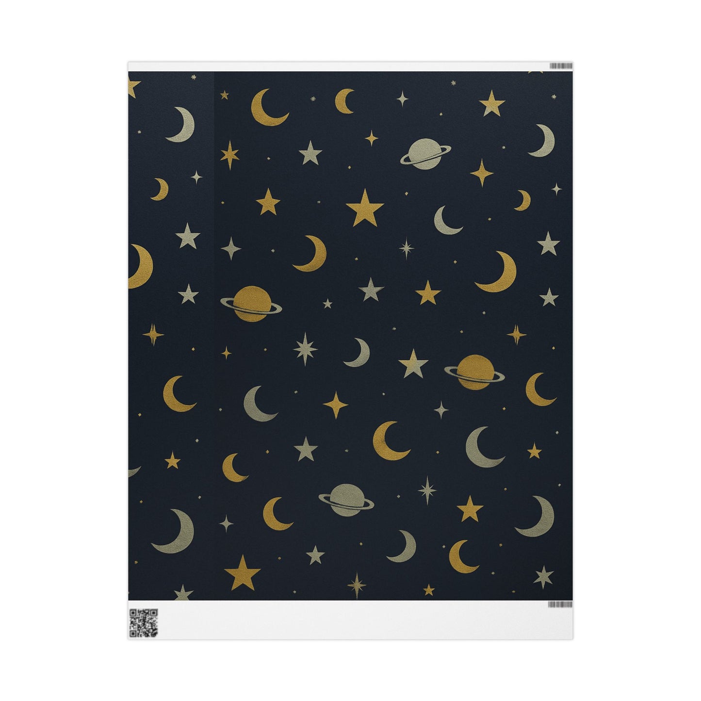 Celestial Night Sky Wrapping Paper – Moons, Stars & Planets on Midnight Blue