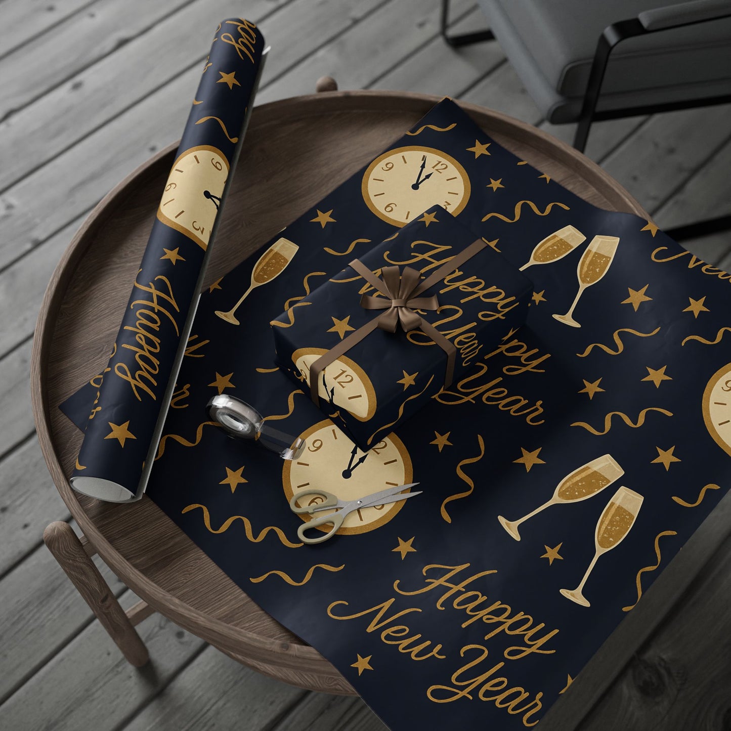 Midnight Celebration New Year Wrapping Paper – Clocks, Champagne & Confetti on Navy